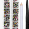 A clear plastic container holds various colors and sizes of crystal hot fix rhinestones and an applicator tool.