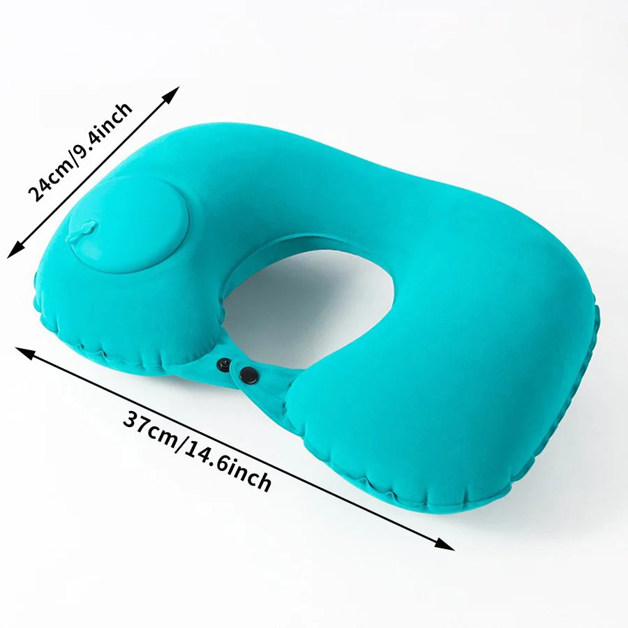 A teal inflatable neck pillow shown with dimensions indicating its size.
