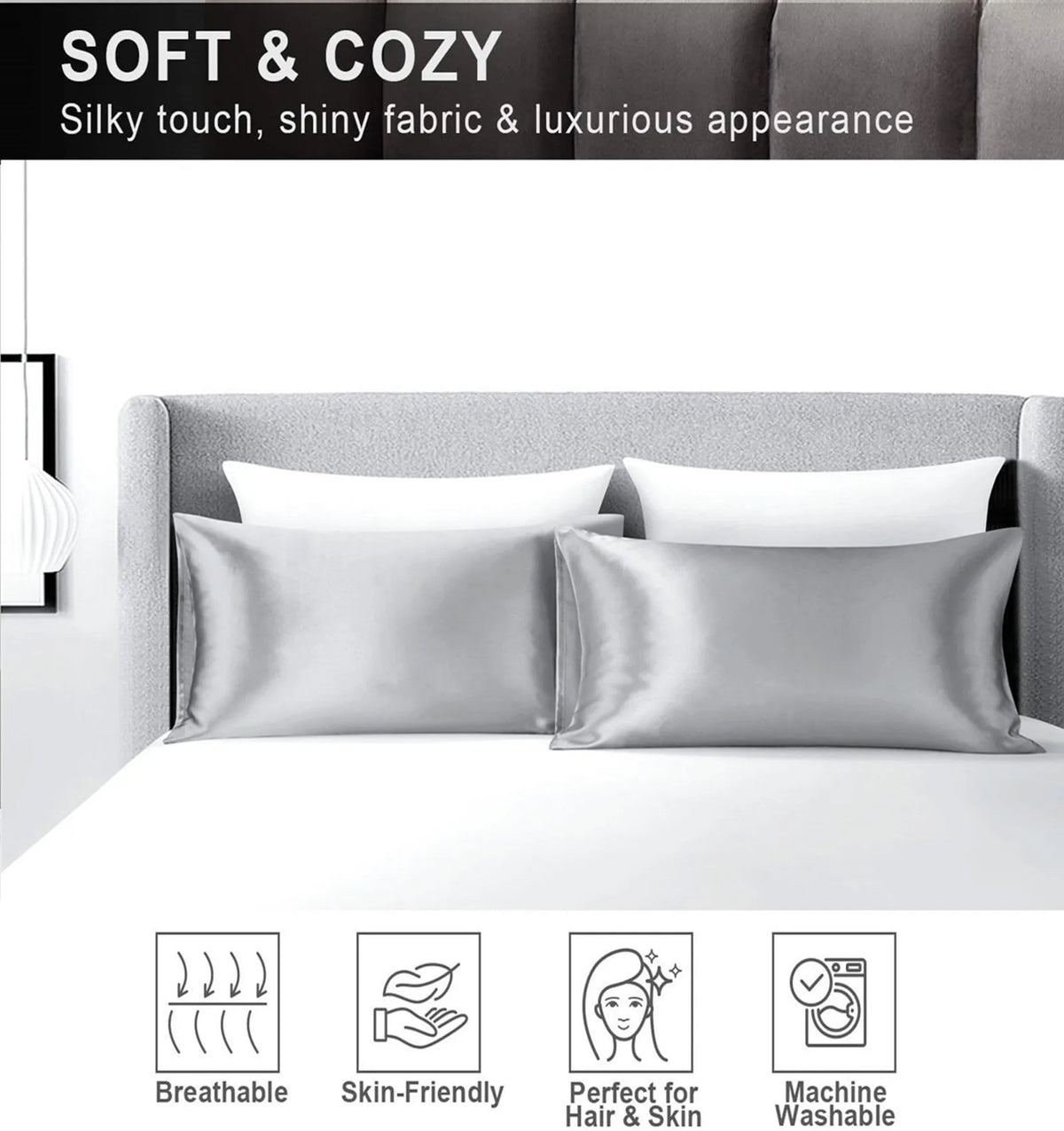 A set of silky, shiny satin pillows displayed on a white bed with icons indicating breathable, skin-friendly, and machine was