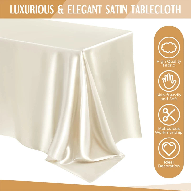 A smooth, cream-colored satin tablecloth draped elegantly on a table.