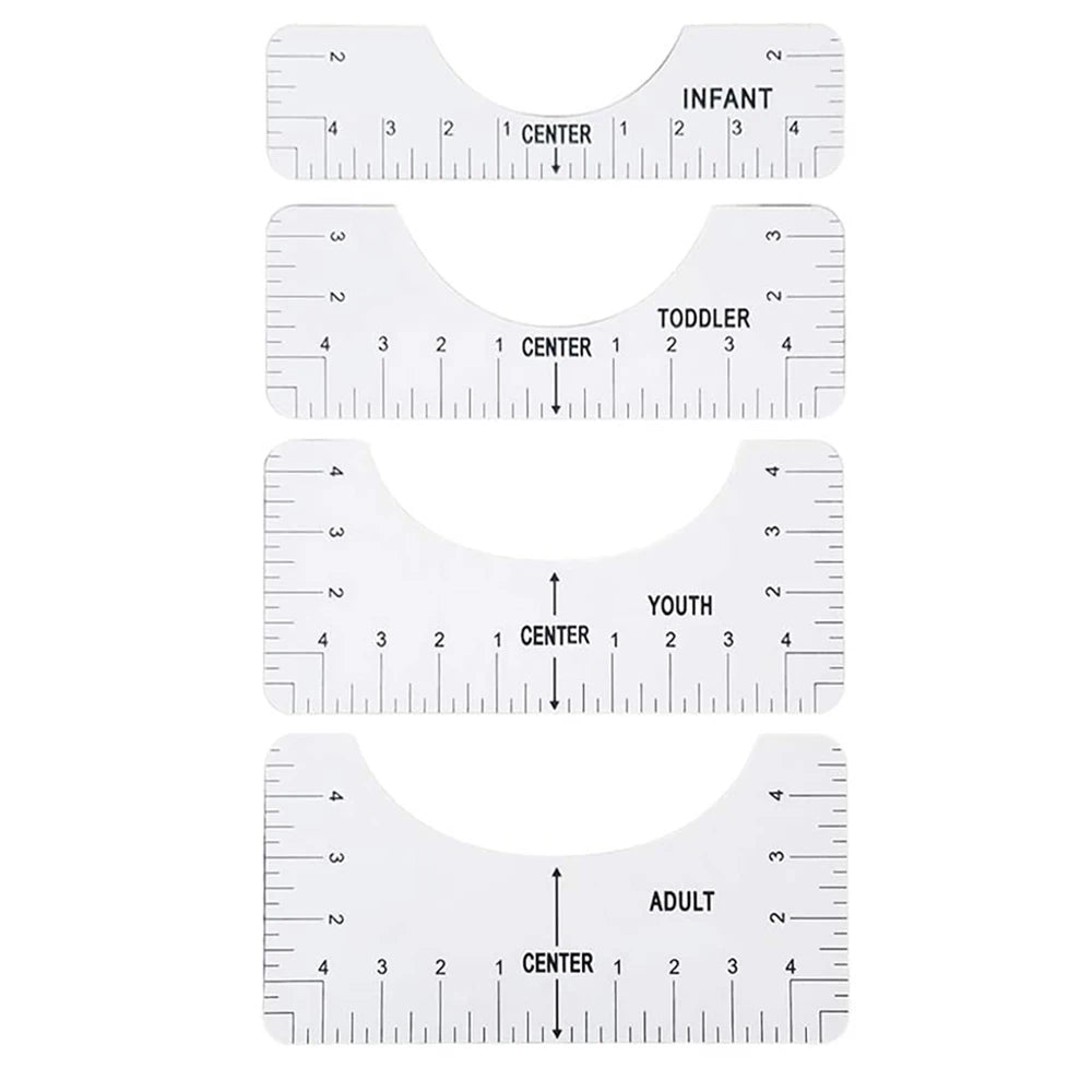 A set of alignment rulers showing measurements for infant, toddler, youth, and adult body sizes.