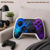 A purple and blue patterned gamer controller plush throw pillow resting on a light gray sofa.