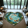 A round rug featuring a colorful koi fish pattern on a teal background placed on a wooden floor.