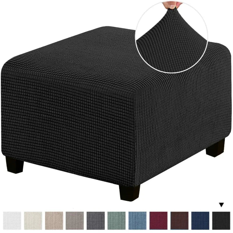 Black square jacquard footrest ottoman slipcover with a textured fabric detail
