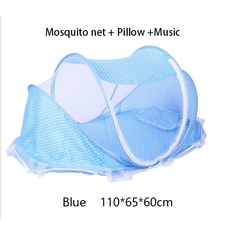 Blue mosquito net with a pillow and music for infant cribs