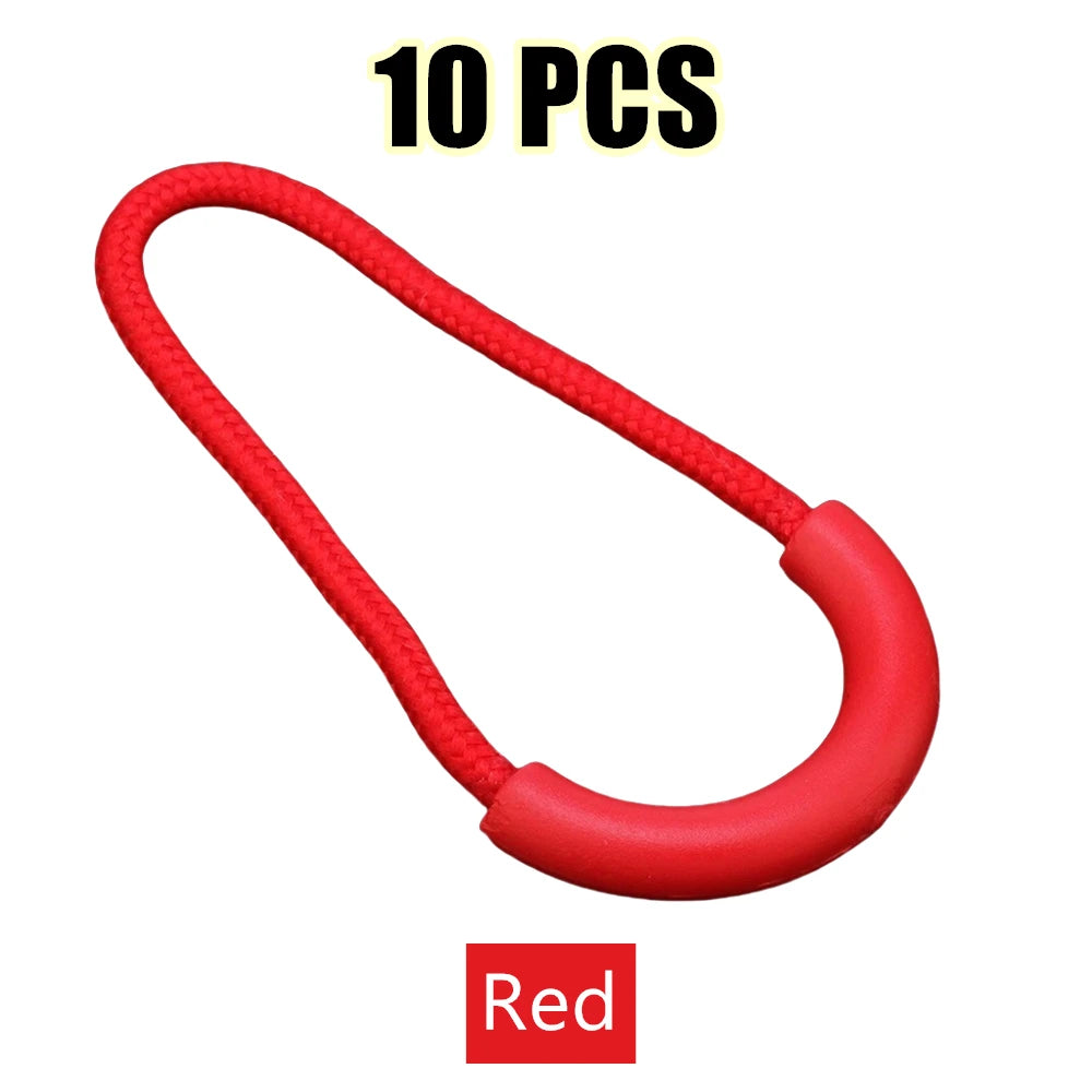 Ten red U-shaped zipper pull straps packaged together