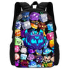 A black backpack featuring a colorful cartoon design with various characters and items.