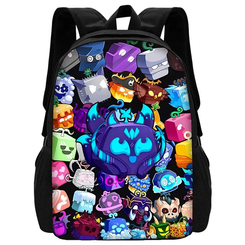 A black backpack featuring a colorful cartoon school set with various accessories and characters.