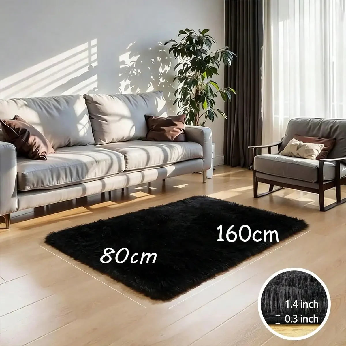 A plush, long-pile black area rug placed on a light wooden floor in a modern living room setting.