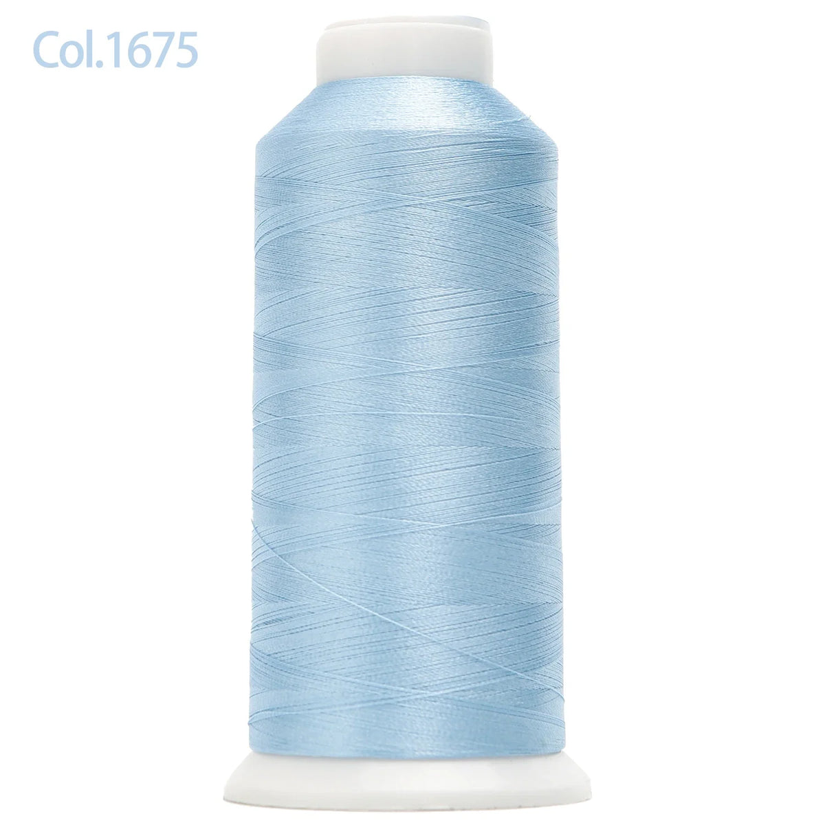 Spool of light blue high tenacity machine embroidery thread labeled Col.1675