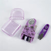 A portable sewing kit in purple plastic featuring a case, scissors, and various needles and thread.