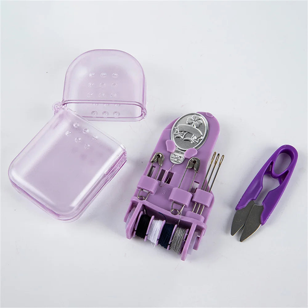 A portable sewing kit in purple plastic featuring a case, scissors, and various needles and thread.