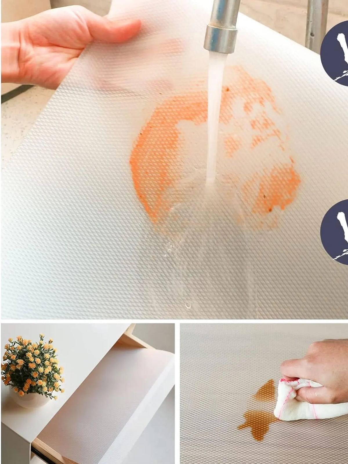 A hand is pouring water onto a white reusable EVA drawer liner, causing an orange stain to form.