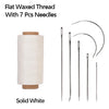 Solid white flat waxed thread with seven sewing needles.