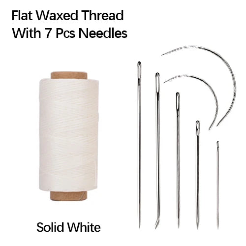 Solid white flat waxed thread with seven sewing needles.