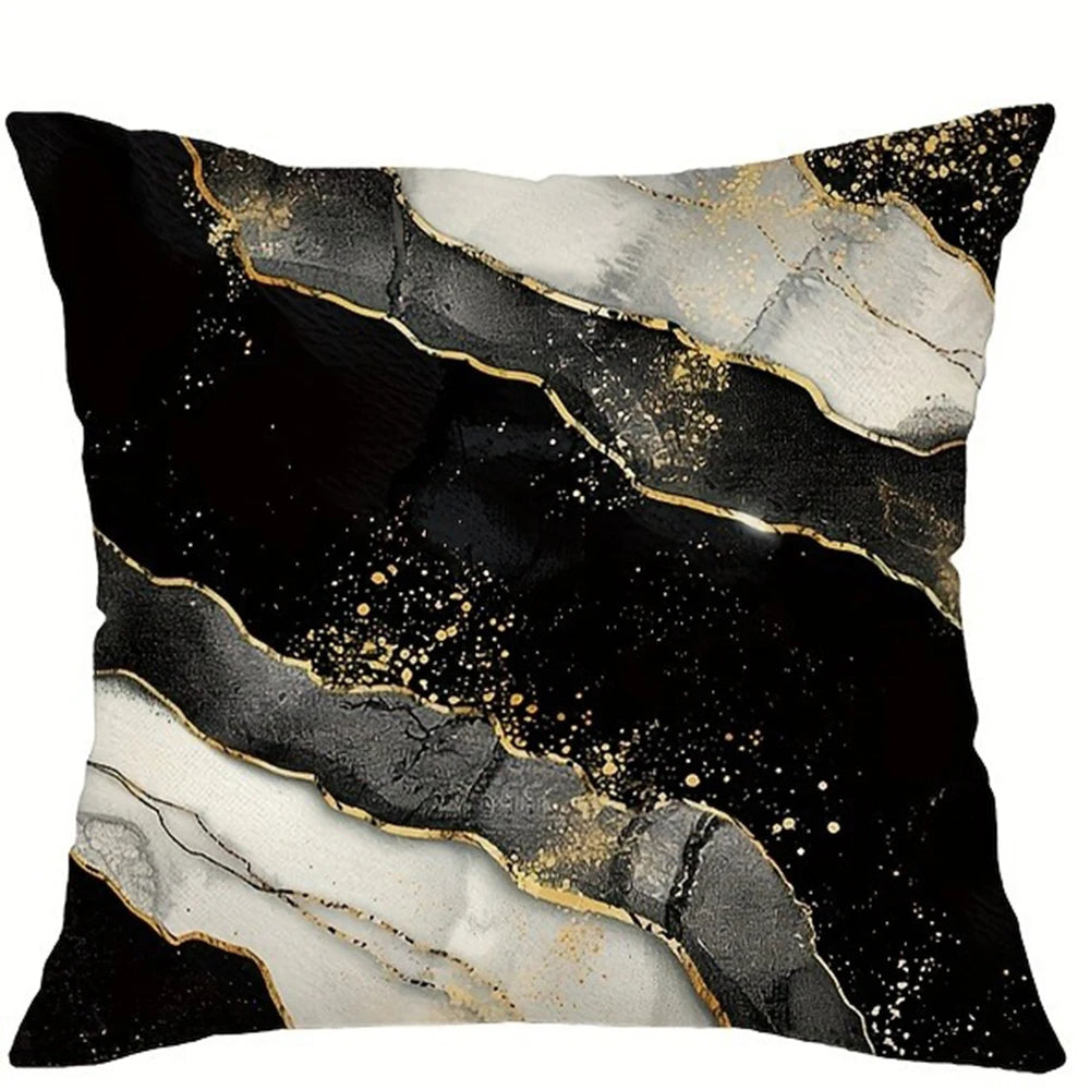 Black and white marble print decorative pillow cover with gold accents