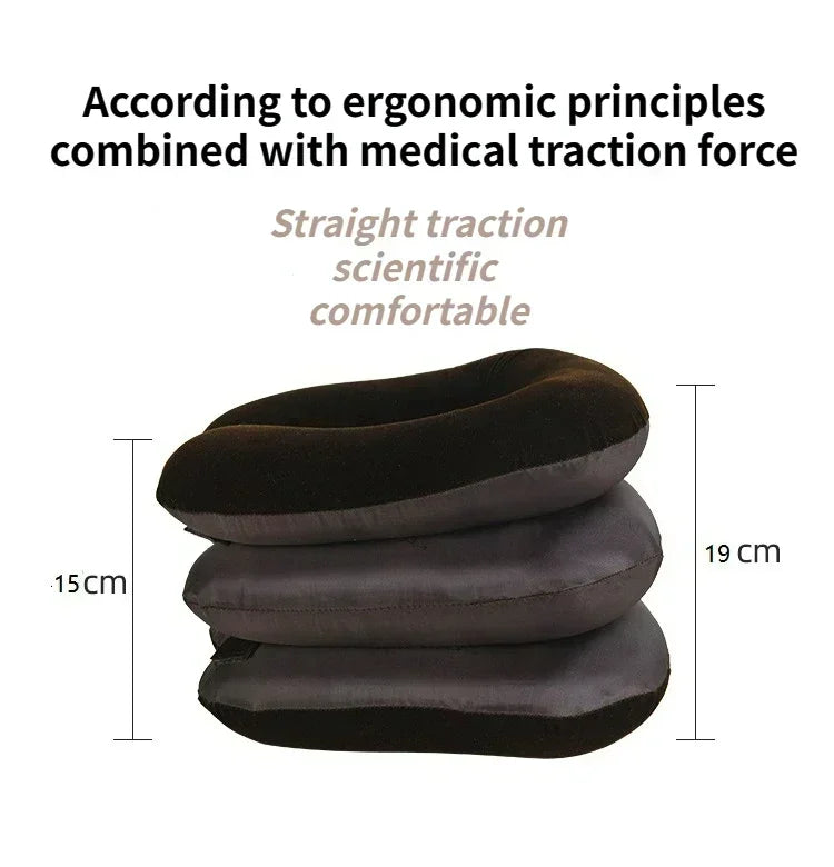 A black inflatable cervical traction neck stretcher pillow shown with dimension markings.