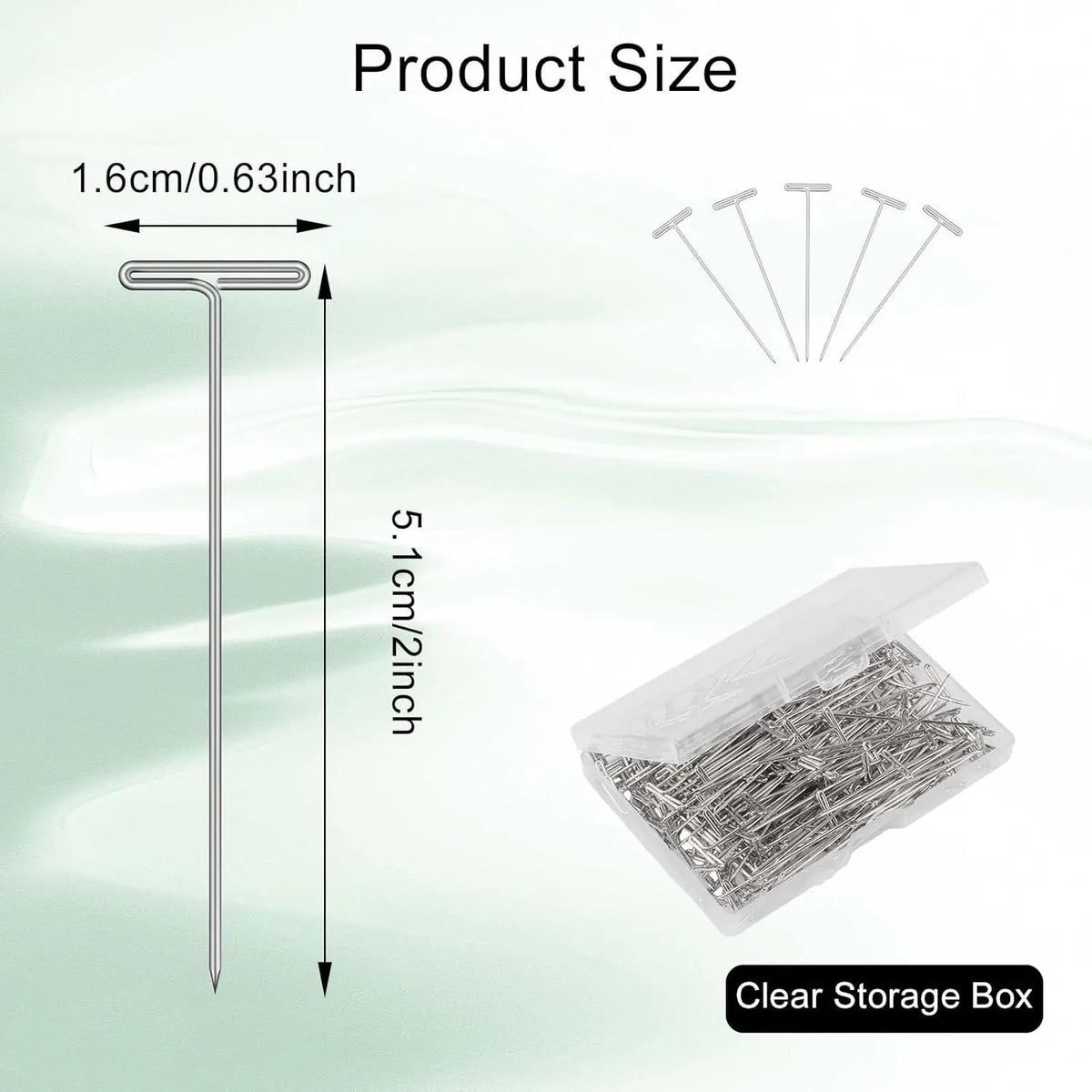 A precision T-pin product is shown with dimensions and a clear storage box.