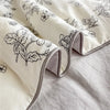 A close-up of a cream-colored quilt blanket with a black floral print folded on a light gray surface.