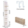 A tall, white, foldable over-the-door storage organizer with multiple shelves and two free hooks.