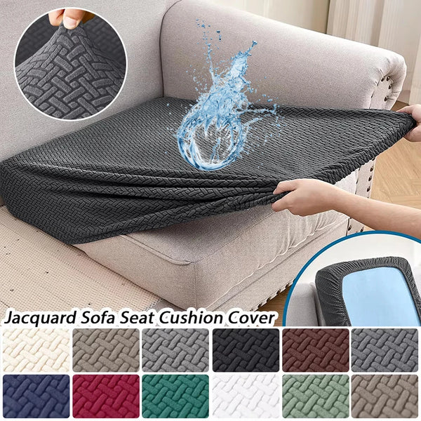 Jacquard sofa seat cushion cover in various colors and textures shown on a sofa.