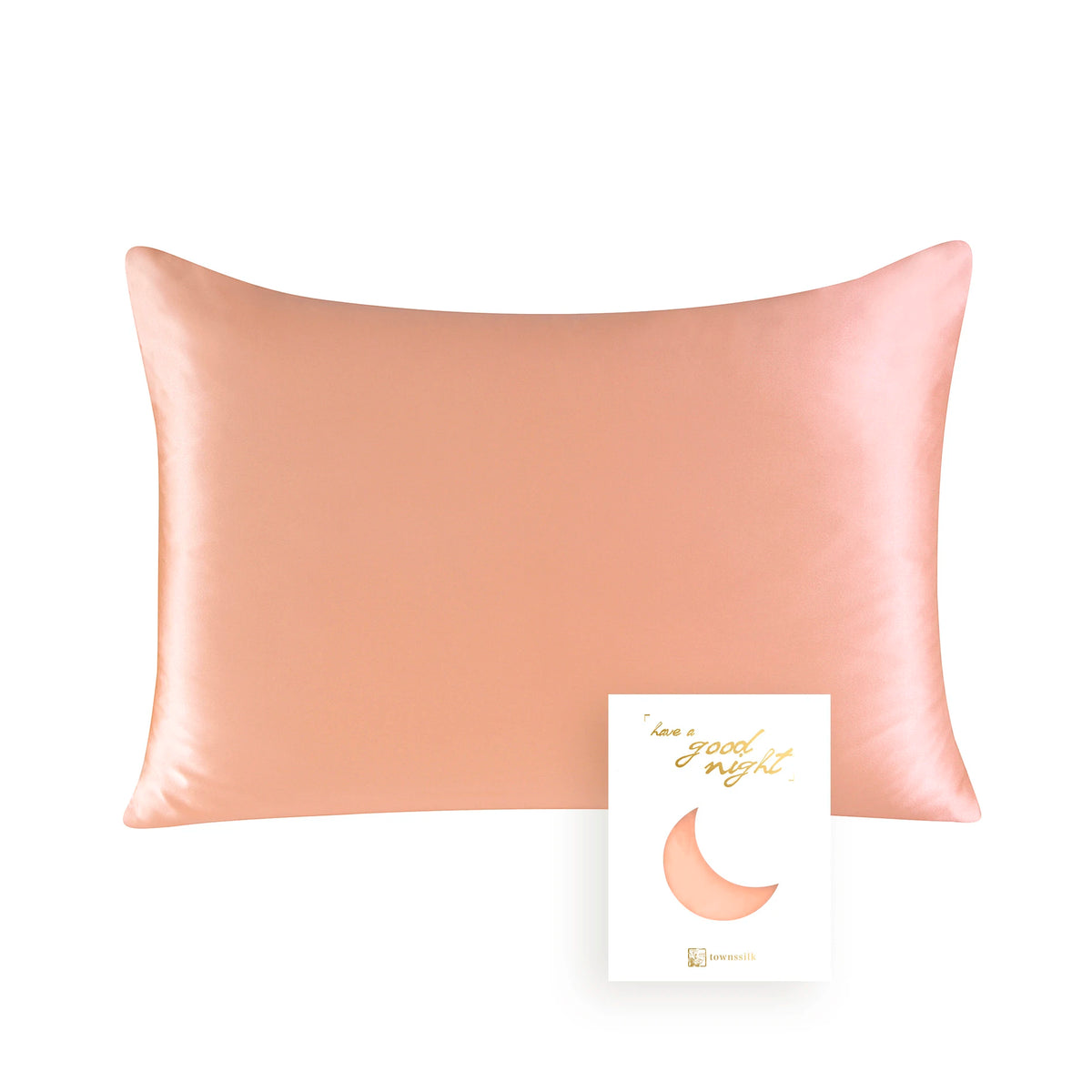 A square pink satin pillowcase with a crescent moon design.