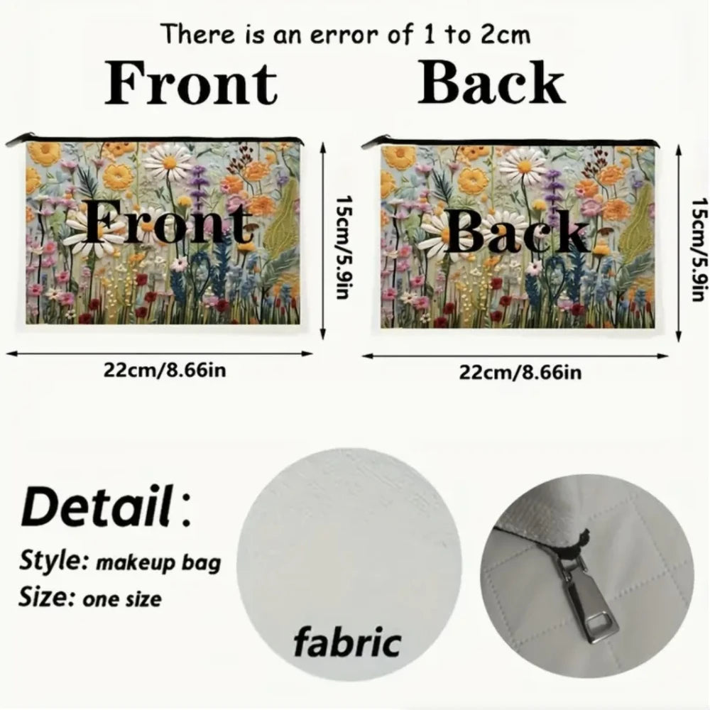 Double-sided floral cosmetic storage pouch showing the front and back designs