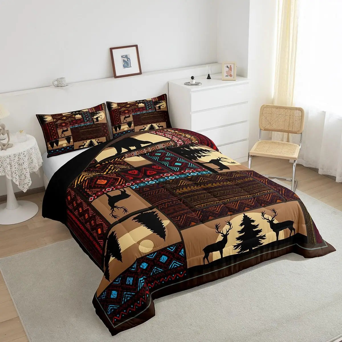 A brown and black patterned Boho Aztec Western duvet cover set displayed on a bed.
