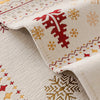 Close-up of a cream fabric with red and gold Nordic patterns, showing a decorative trim detail.