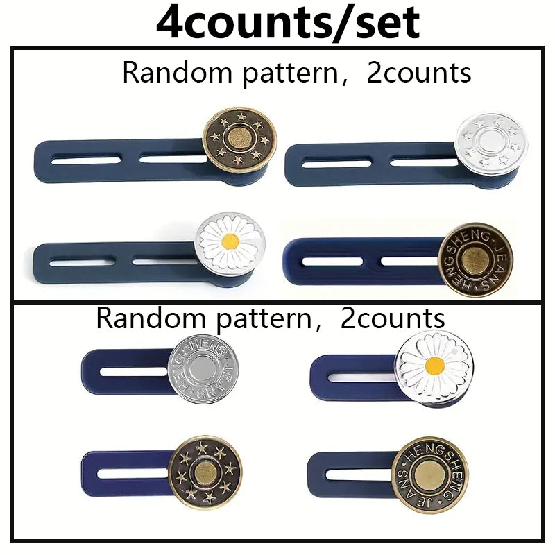 Set of four random pattern button extenders for pants in navy blue and gold.