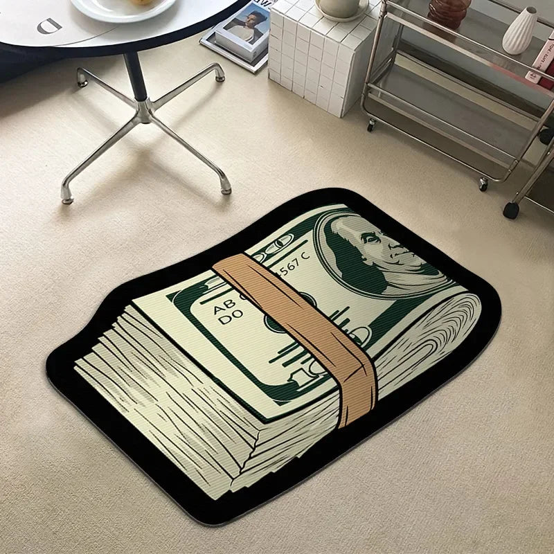 A close-up of a decorative floor rug featuring a depiction of US currency.