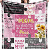 A pink and black printable knit blanket featuring various loving messages for mom and family