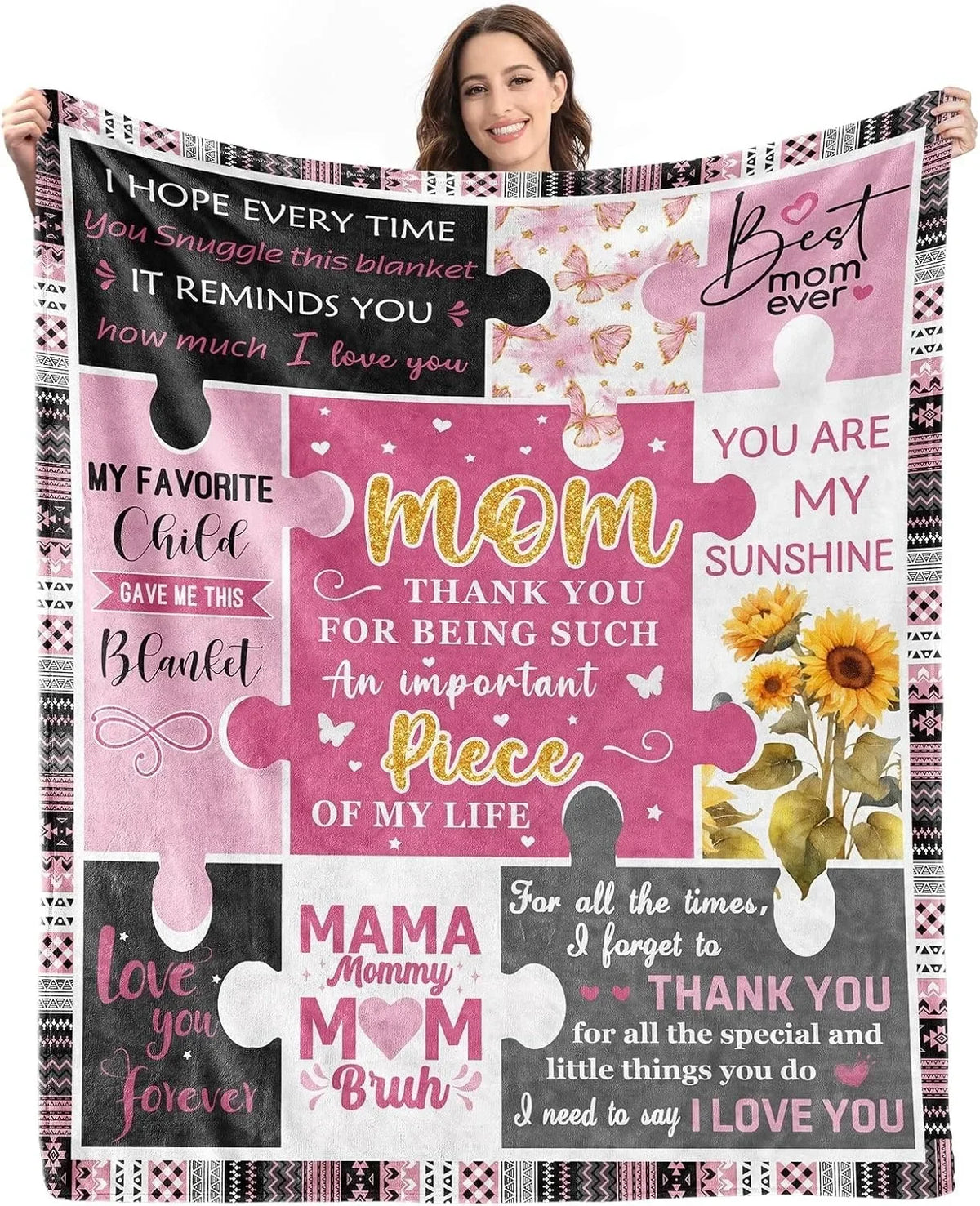 A pink and black printable knit blanket featuring various loving messages for mom and family