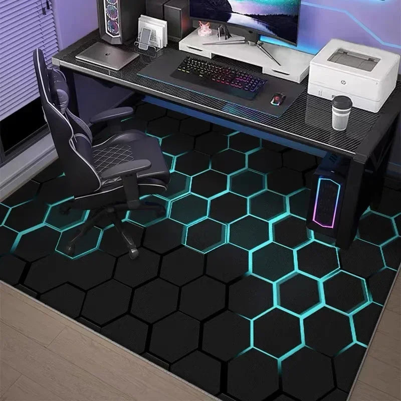 A black hexagonal gaming area rug with glowing cyan neon lines is placed on a desk setup.