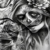 A detailed black and white artistic rendering of a skull face adorned with floral patterns and intricate details.
