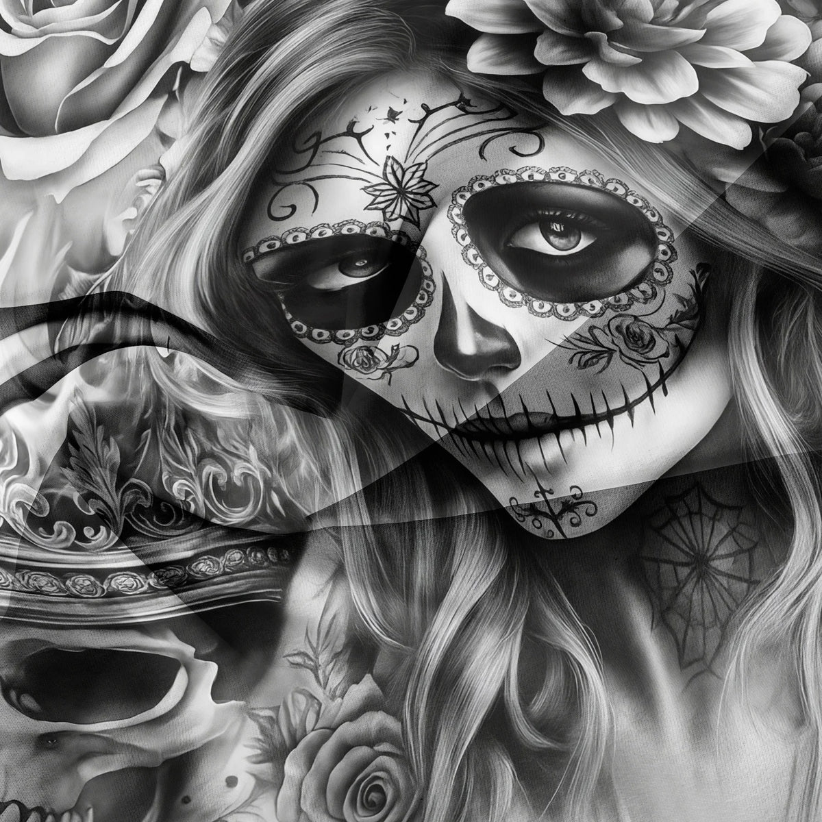A detailed black and white artistic rendering of a skull face adorned with floral patterns and intricate details.