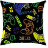 A black decorative pillow cover featuring colorful text and icons related to video games and fun.