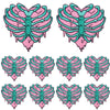 Set of pink and teal DIY punk embroidery patches shaped like a stylized skeleton for clothing