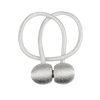 Silver magnetic curtain tiebacks with a looped design and two spherical finials