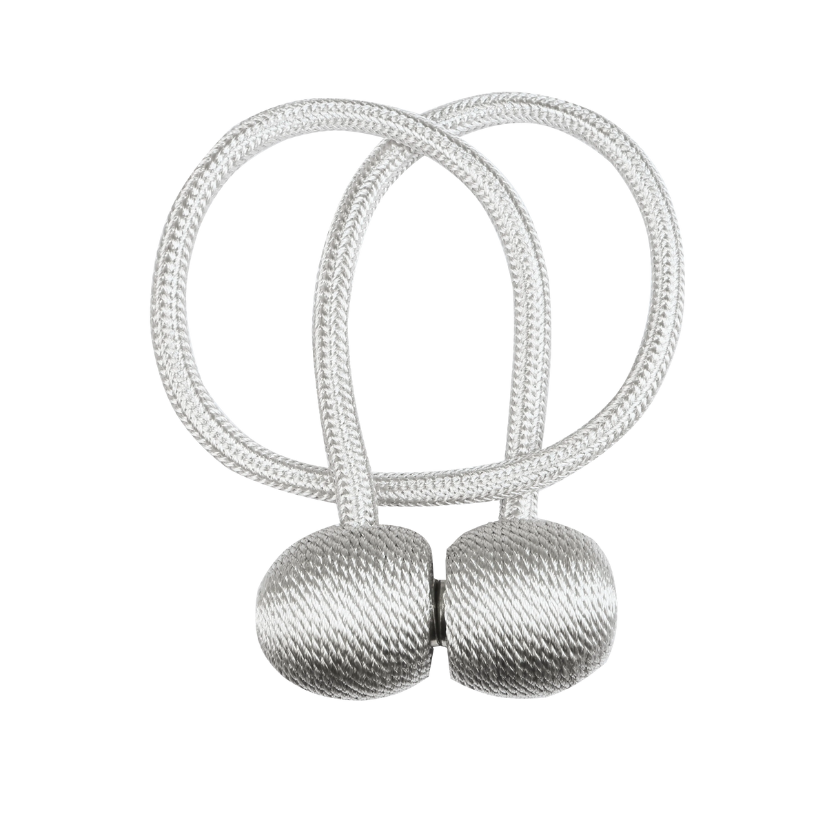 Silver magnetic curtain tiebacks with a looped design and two spherical finials