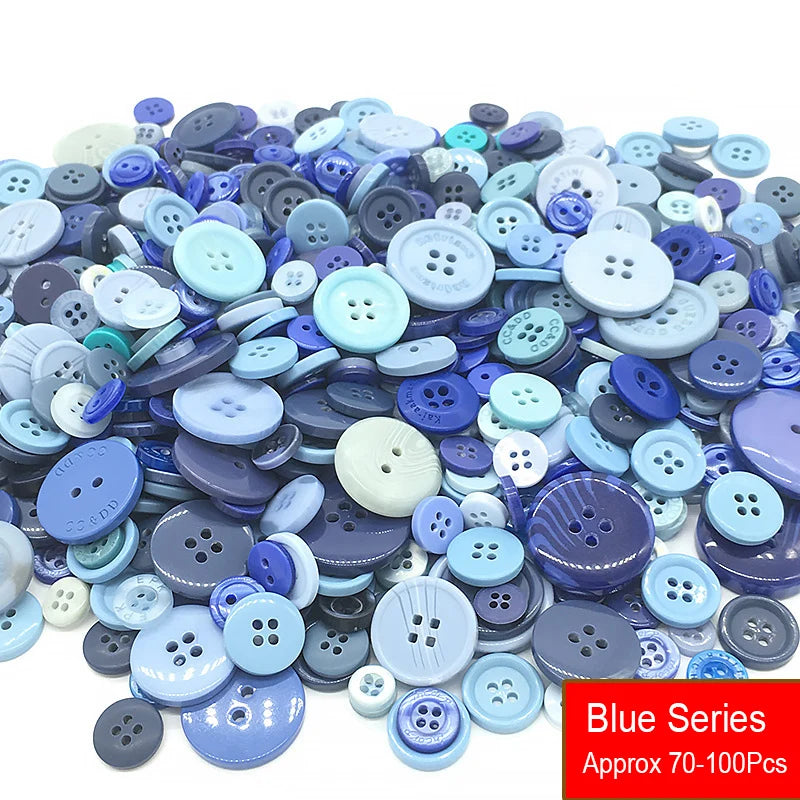 A pile of assorted blue and purple resin sewing buttons for crafting and DIY projects
