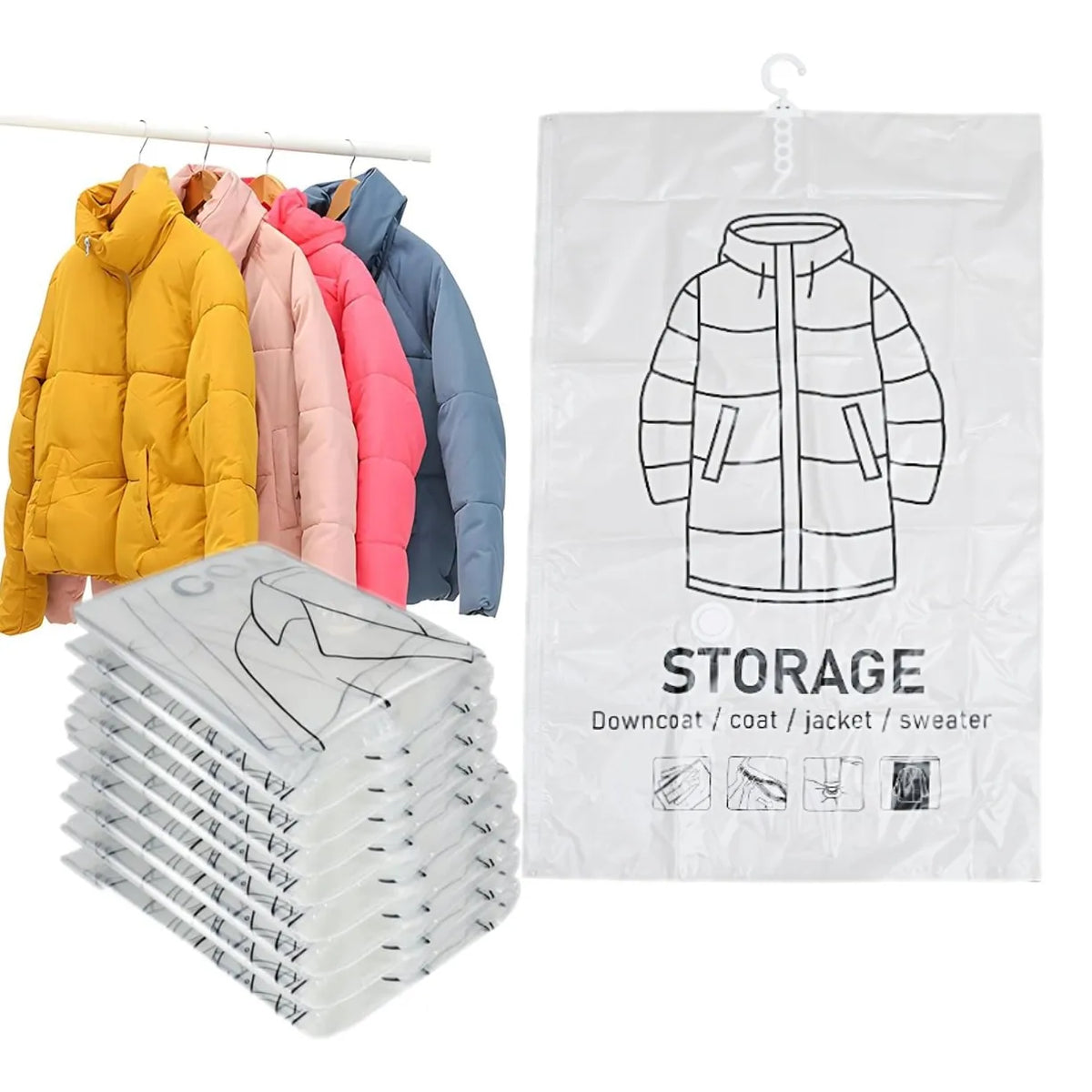 A white hanging storage bag shows a line drawing of a winter coat or jacket.