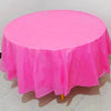 A round plastic disposable table cover in bright pink fabric displayed on a stand.