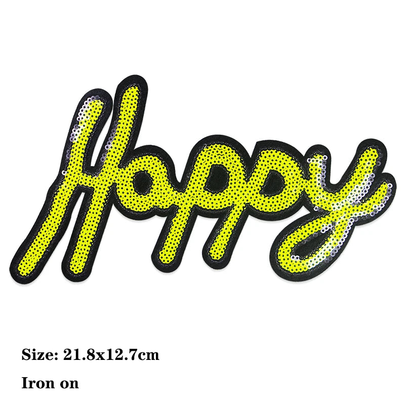 Yellow and black sequin embroidered happy text iron-on patch for custom clothing