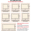Various sizes of pillowcases are displayed, showing dimensions for different pillow covers.