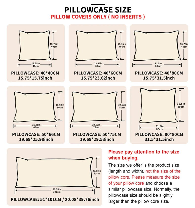 Various sizes of pillowcases are displayed, showing dimensions for different pillow covers.