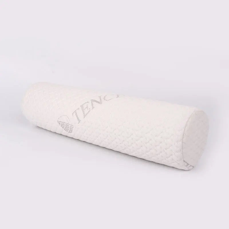A cylindrical white memory foam neck roll pillow for support and relaxation.