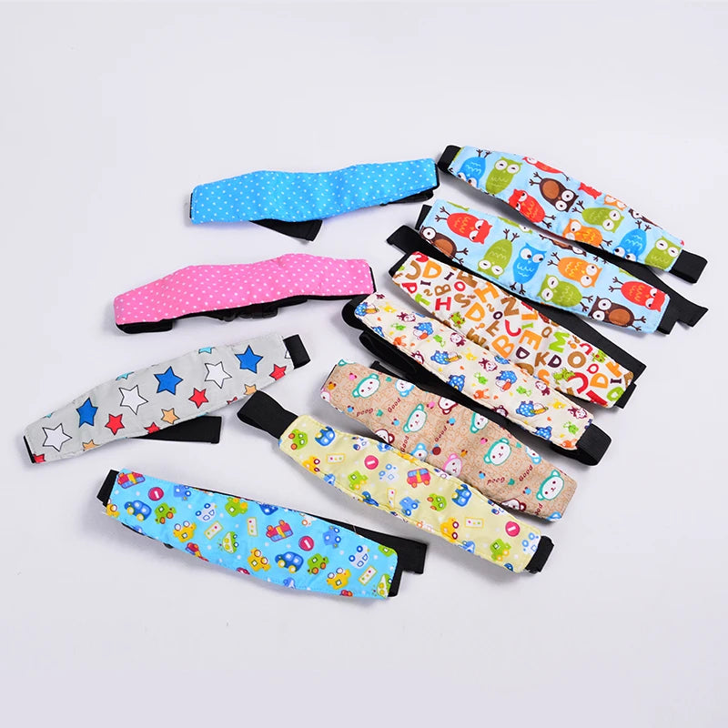 A collection of colorful, padded head supports for a baby car seat, featuring various patterns and colors.
