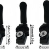 Three black zipper repair heads shown in different sizes, measuring 8mm, 10mm, and 12mm.