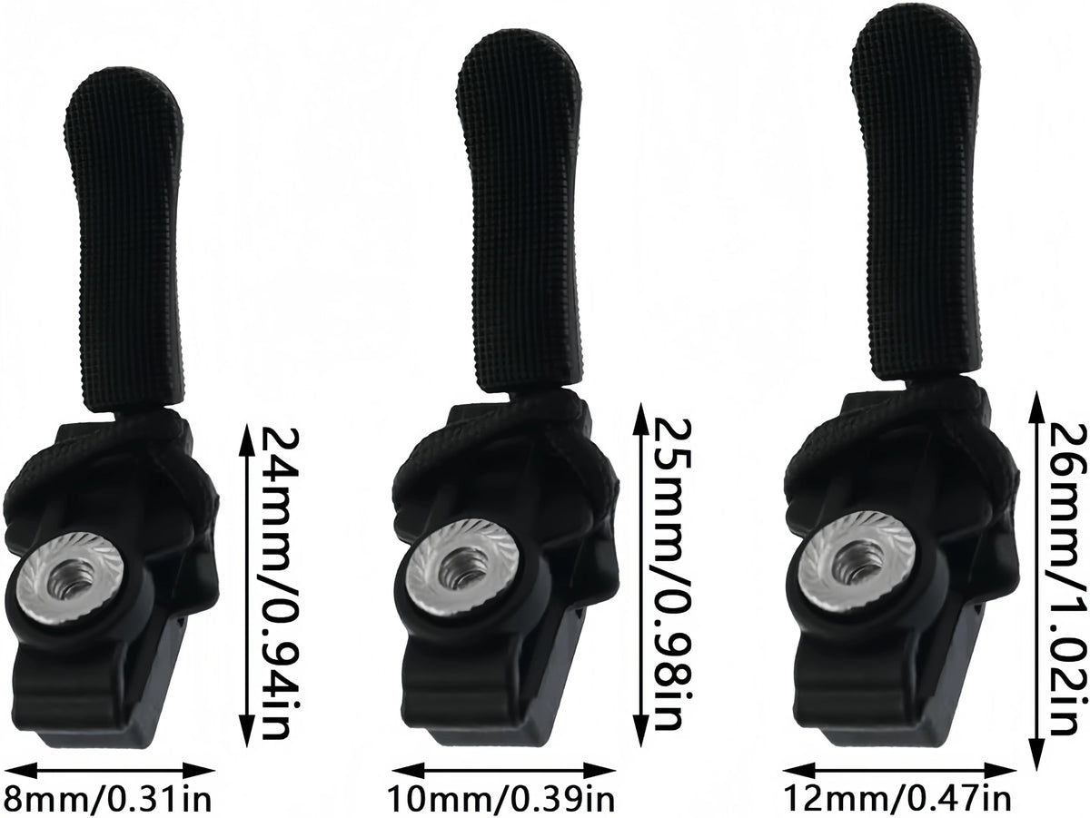 Three black zipper repair heads shown in different sizes, measuring 8mm, 10mm, and 12mm.